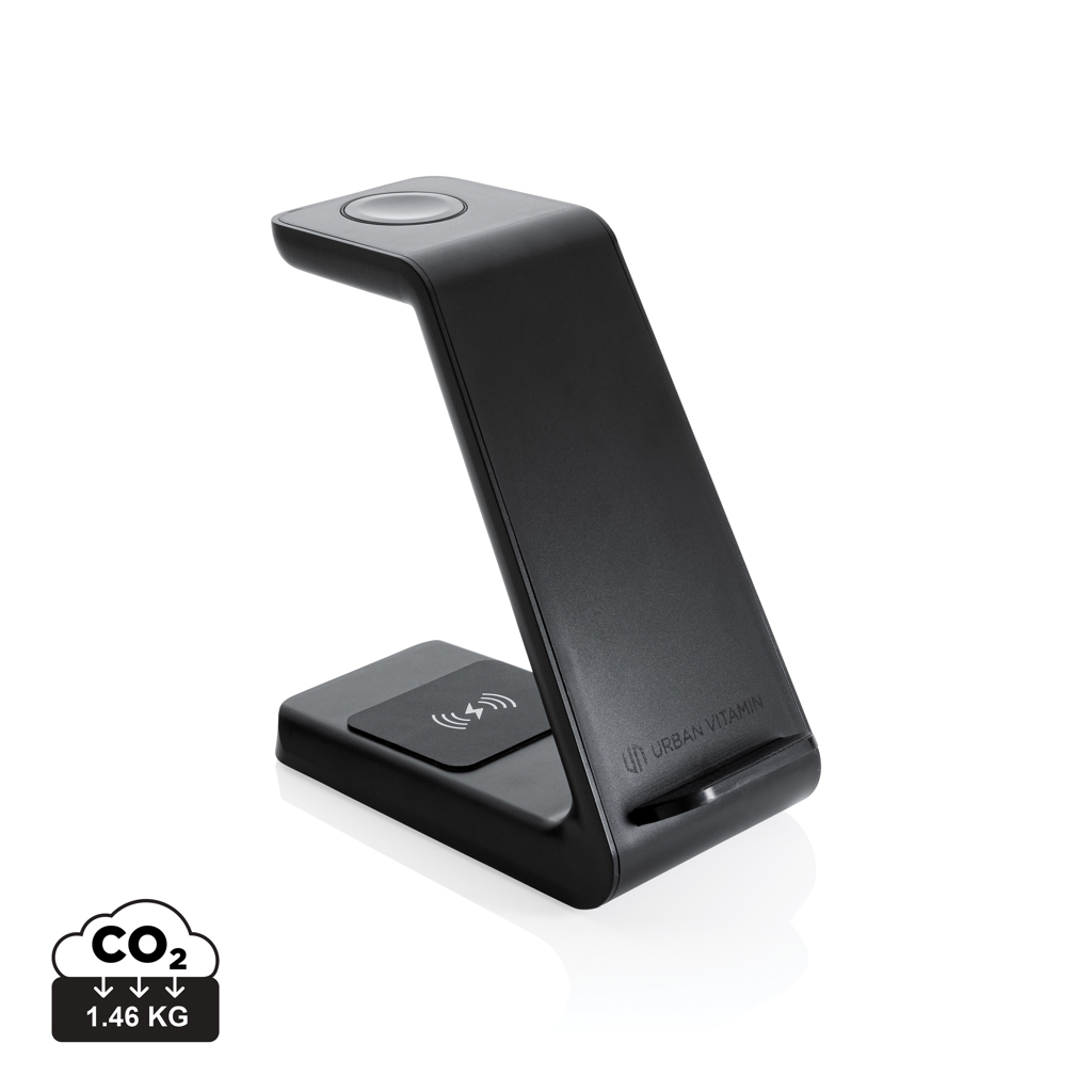 This is the EcoCharge 3-in-1 wireless charging stand, made by the brand called Mevagissey. It is an eco-friendly charging device that allows you to charge multiple electronics simultaneously, without the use of any cables. - St. Cleer