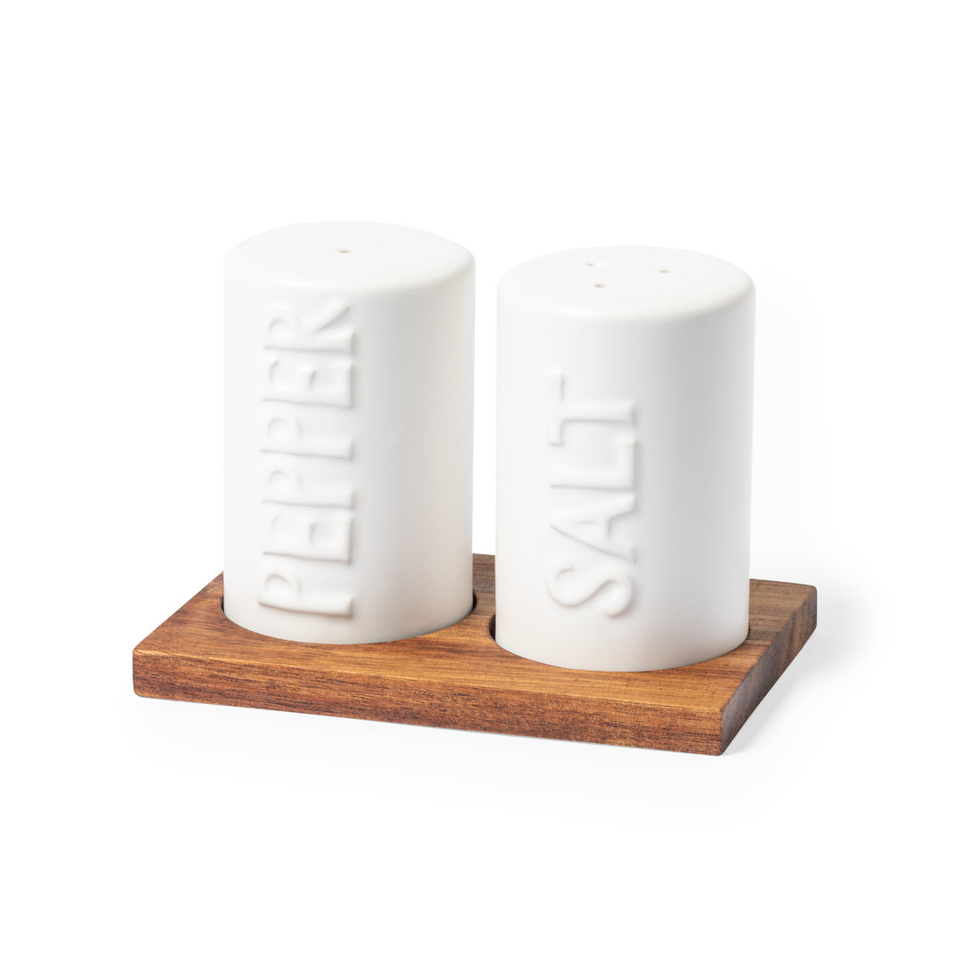 Ceramic Salt and Pepper Pots with Acacia Wood Base - Cound - Whitchurch Canonicorum