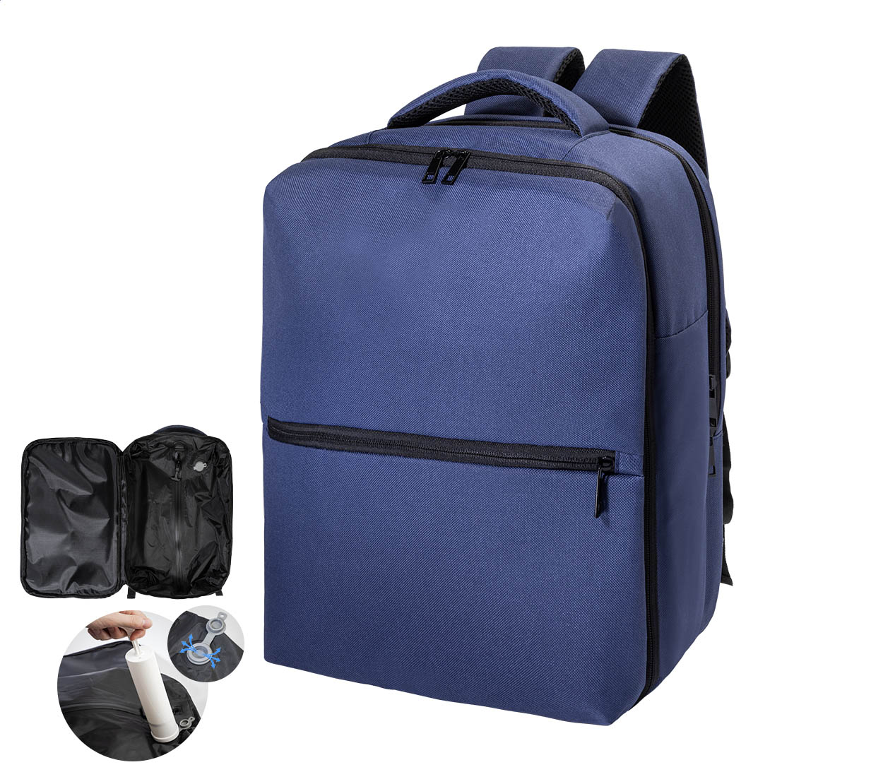 VacuFly RPET carry-on compression backpack with vacuum pump and logo printed with logo