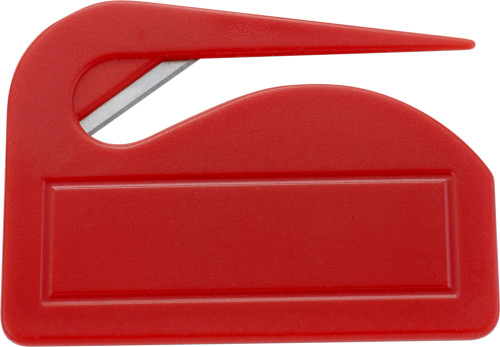 
This is a letter opener that is made of plastic and has a cutting edge made of metal. It's a handy tool to use when opening letters, preventing paper cuts or any kind of damage to the documents inside. The combination of plastic and metal makes it durable and lightweight, suitable for both home and office use. - Abbeyfield