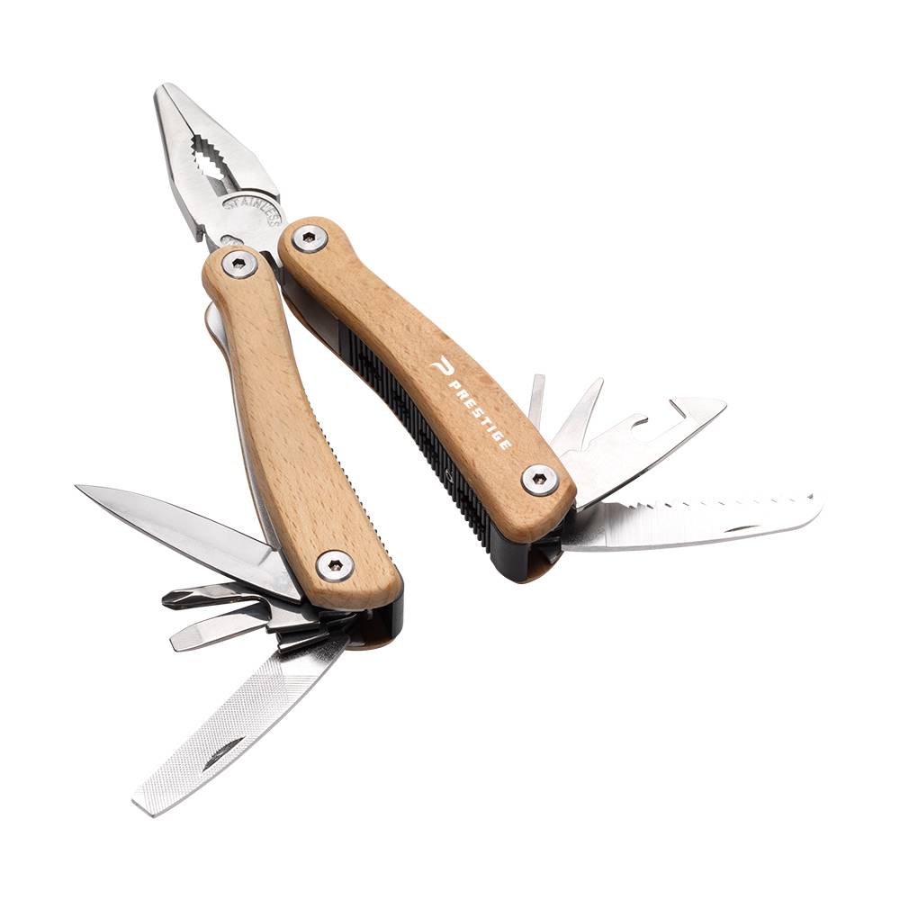 A compact multi-tool made of stainless steel with a handle made from beechwood - Bacton