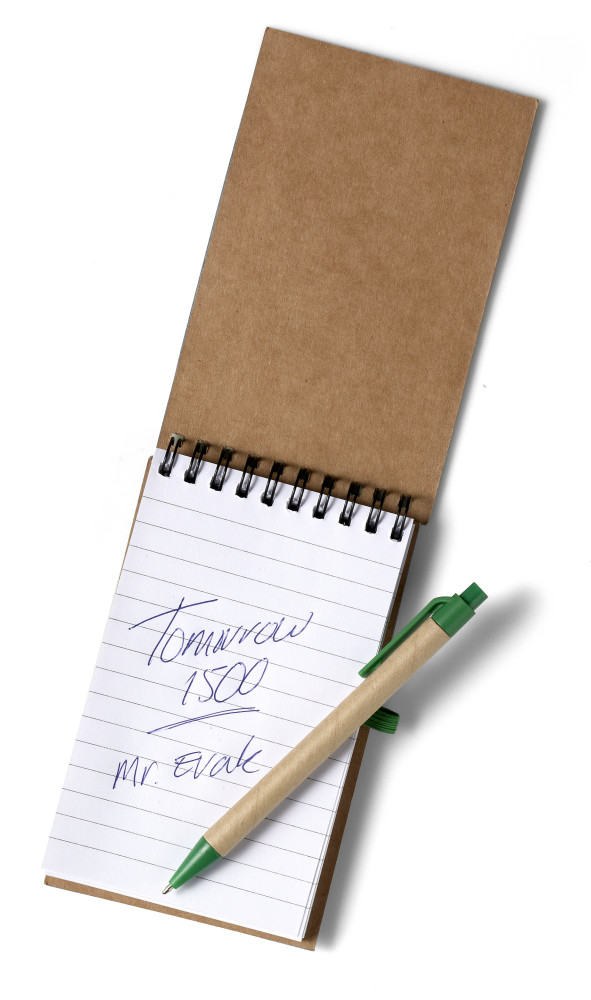 A notebook bound with recycled cardboard that comes with a retractable ball pen. - Eversley