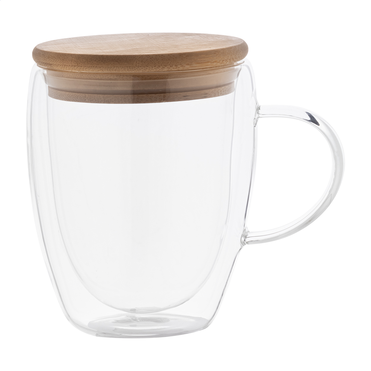 Grobina double-wall glass thermo mug with bamboo lid, 350 ml, with logo printed with logo