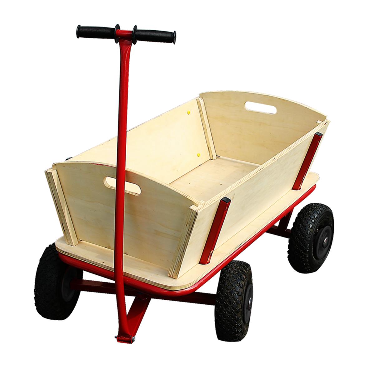 Large Bisham hand cart made of MDF panel with red paint. It has a frame made from a 25mm iron rod and a rubber-coated handle. - Golborne