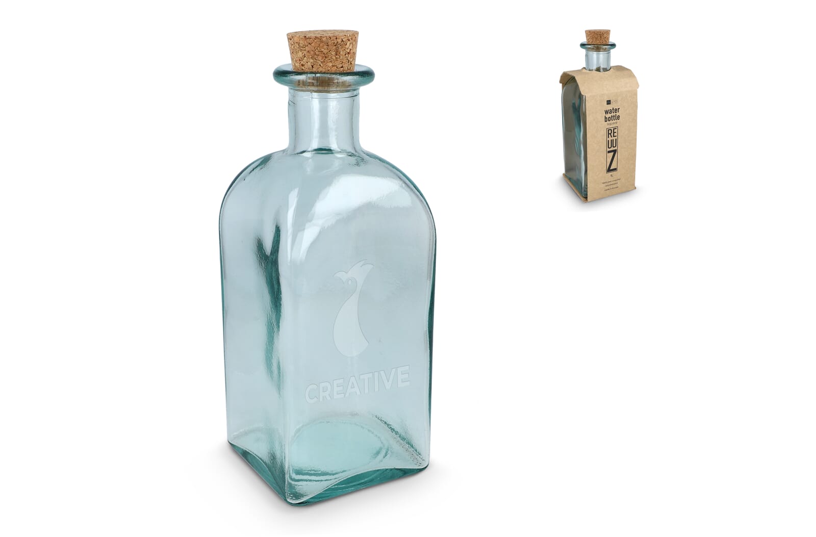 InSideOut Square Recycled Glass Water Bottle ReuuZ with Cork Stopper 1L