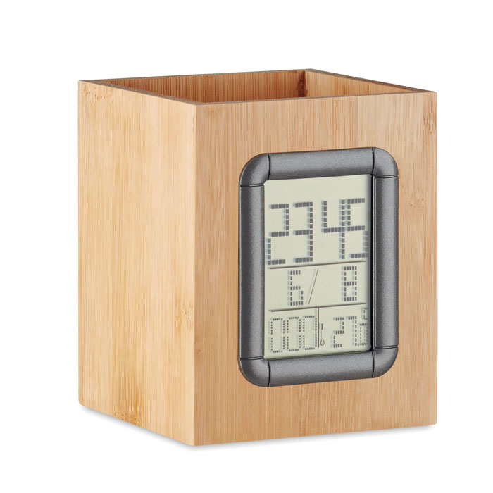 A Bishop Burton bamboo pen holder that also features a calendar, alarm clock, and thermometer. - Huntly