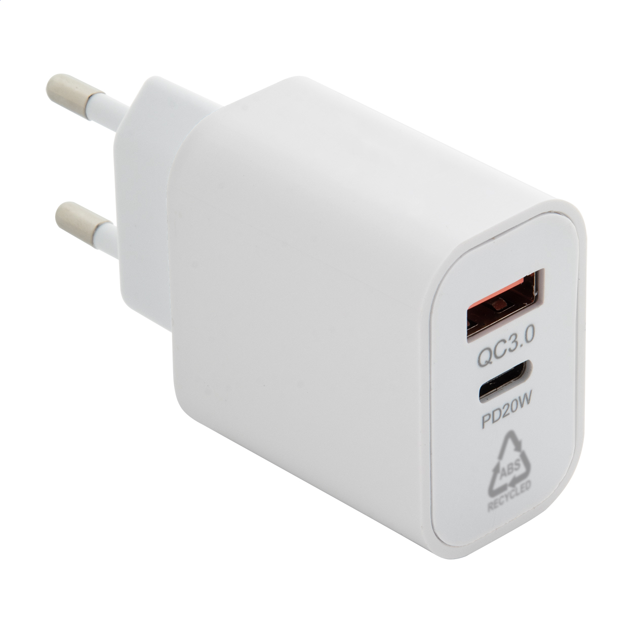 Recharge recycled ABS USB wall charger with logo, PD 20W fast charging