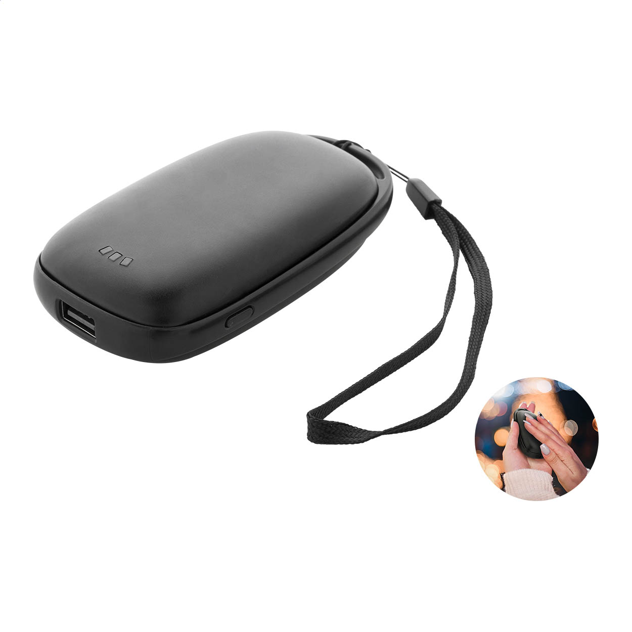 PowerPalm recycled aluminium hand warmer with 4000 mAh power bank printed with logo