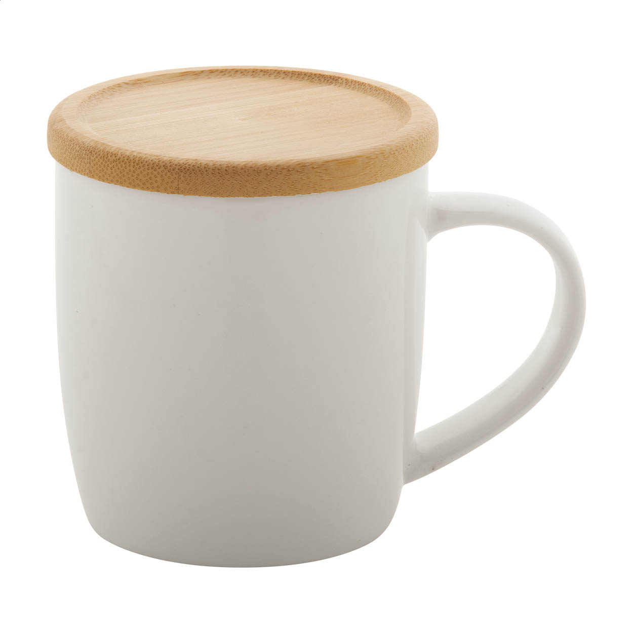 Hestia white porcelain mug with bamboo coaster, 320 ml, with logo printed with logo