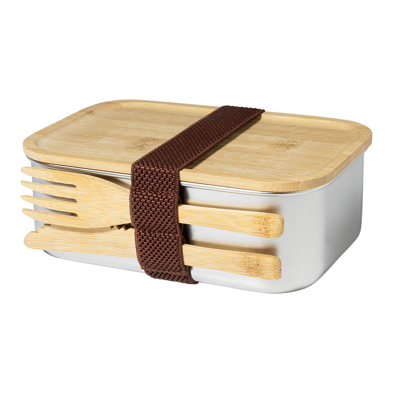 Curroca stainless steel lunch box with bamboo lid and cutlery, logo printed with logo