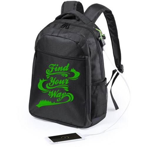 A waterproof backpack made of polyester that includes a USB port and a headphone output. - Hemsworth