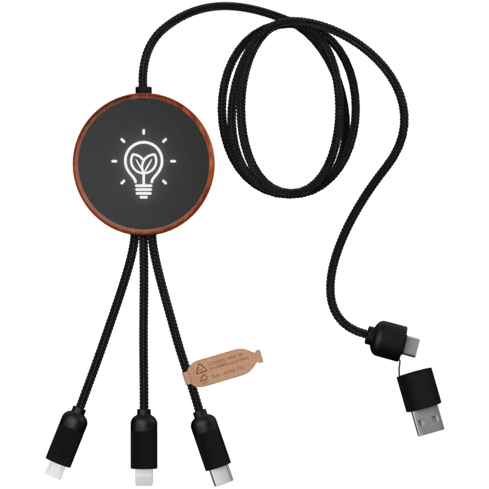 A 5-in-1 charging cable made from recycled PET that features a light-up logo, along with a 10W Bamboo charging pad - Meopham