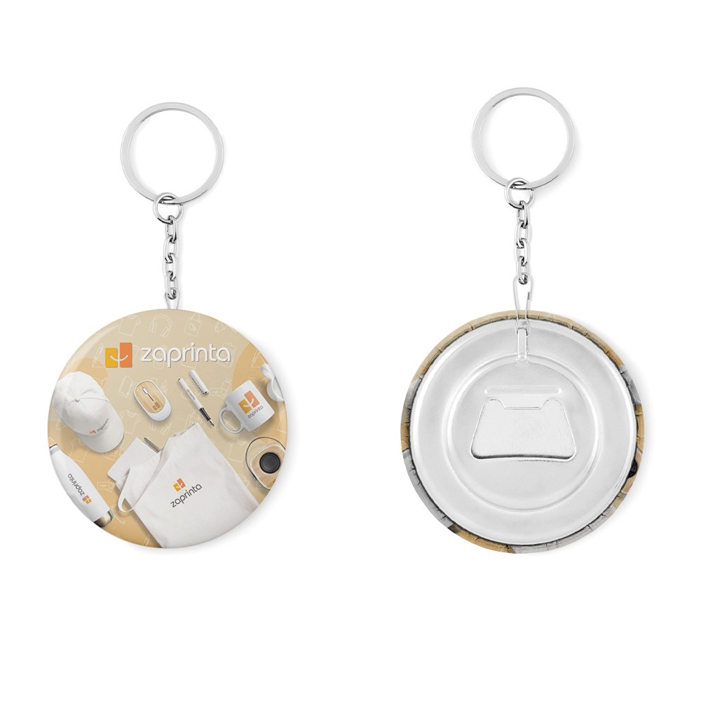 A multi-purpose tool that serves as a key ring, pin, button, and bottle opener - Penzance