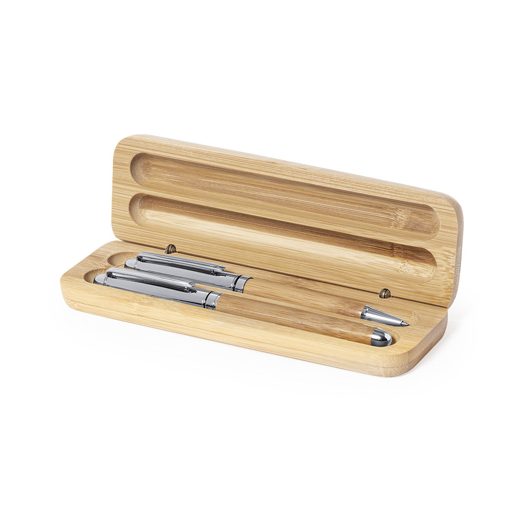 Set of Nature Line Bamboo and Metal Ballpoint Pen and Rollerball Pen - Johnson Fold