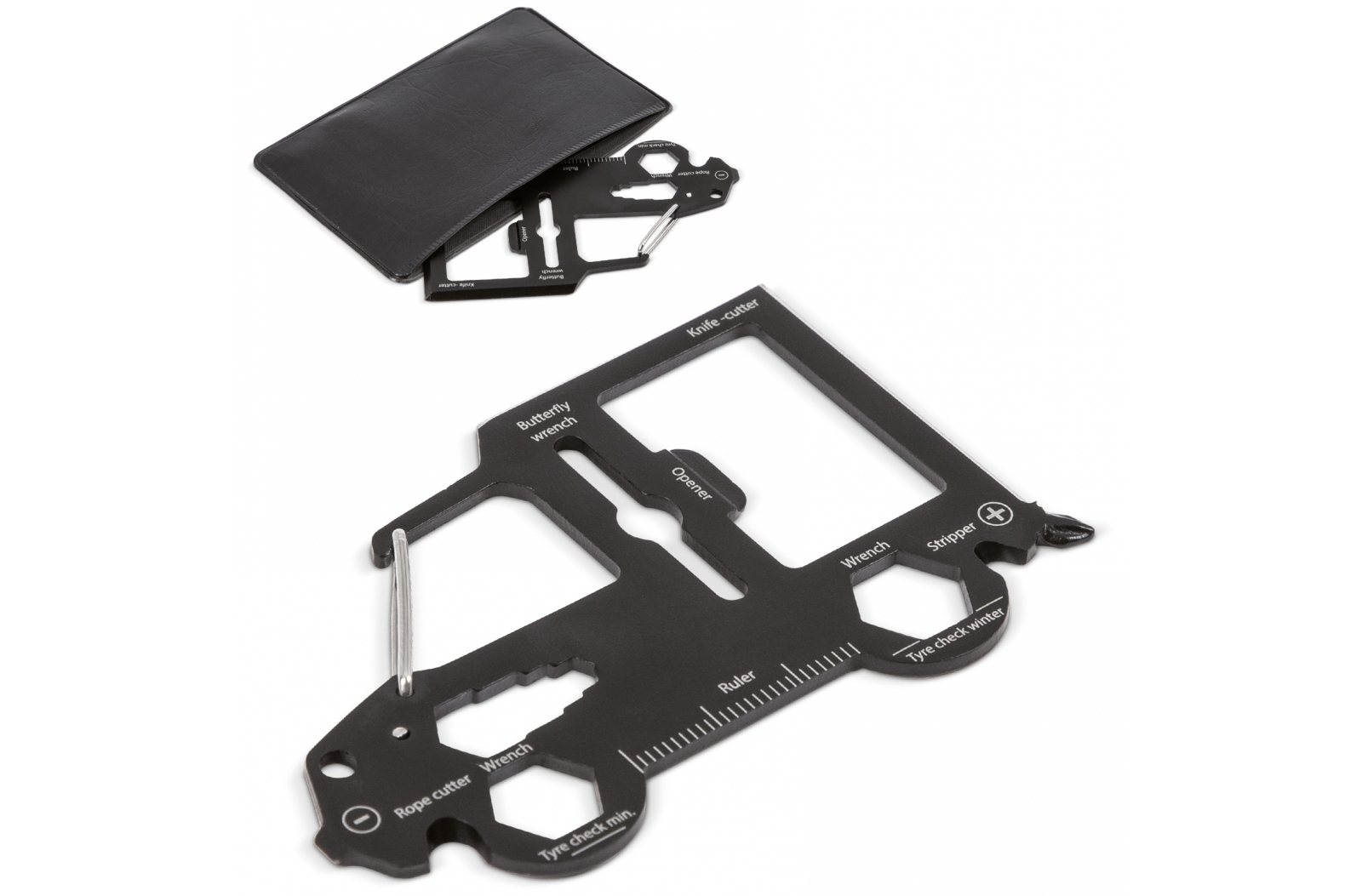 A multi-tool card, shaped like a car and made of stainless steel, comes with a PU case. - Paisley