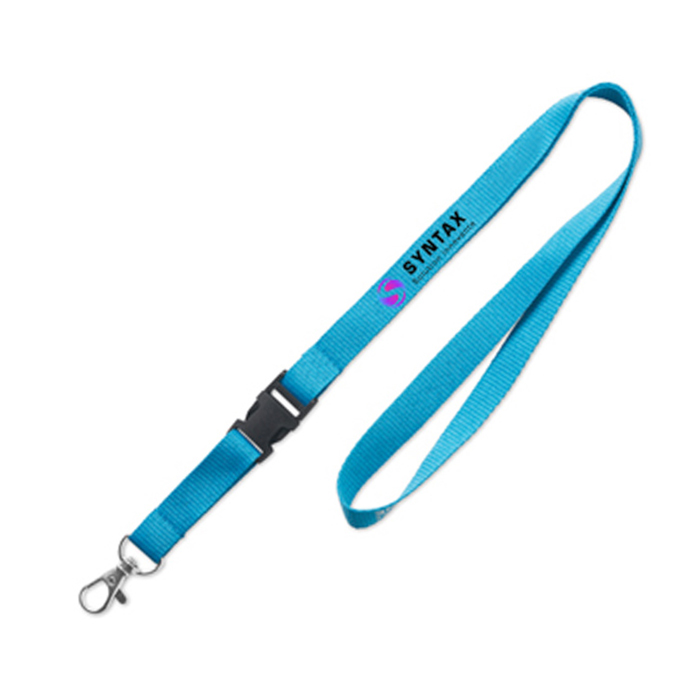 Polyester lanyard in a custom color with a detachable buckle and metal hook, created using the silkscreen method - Hulme