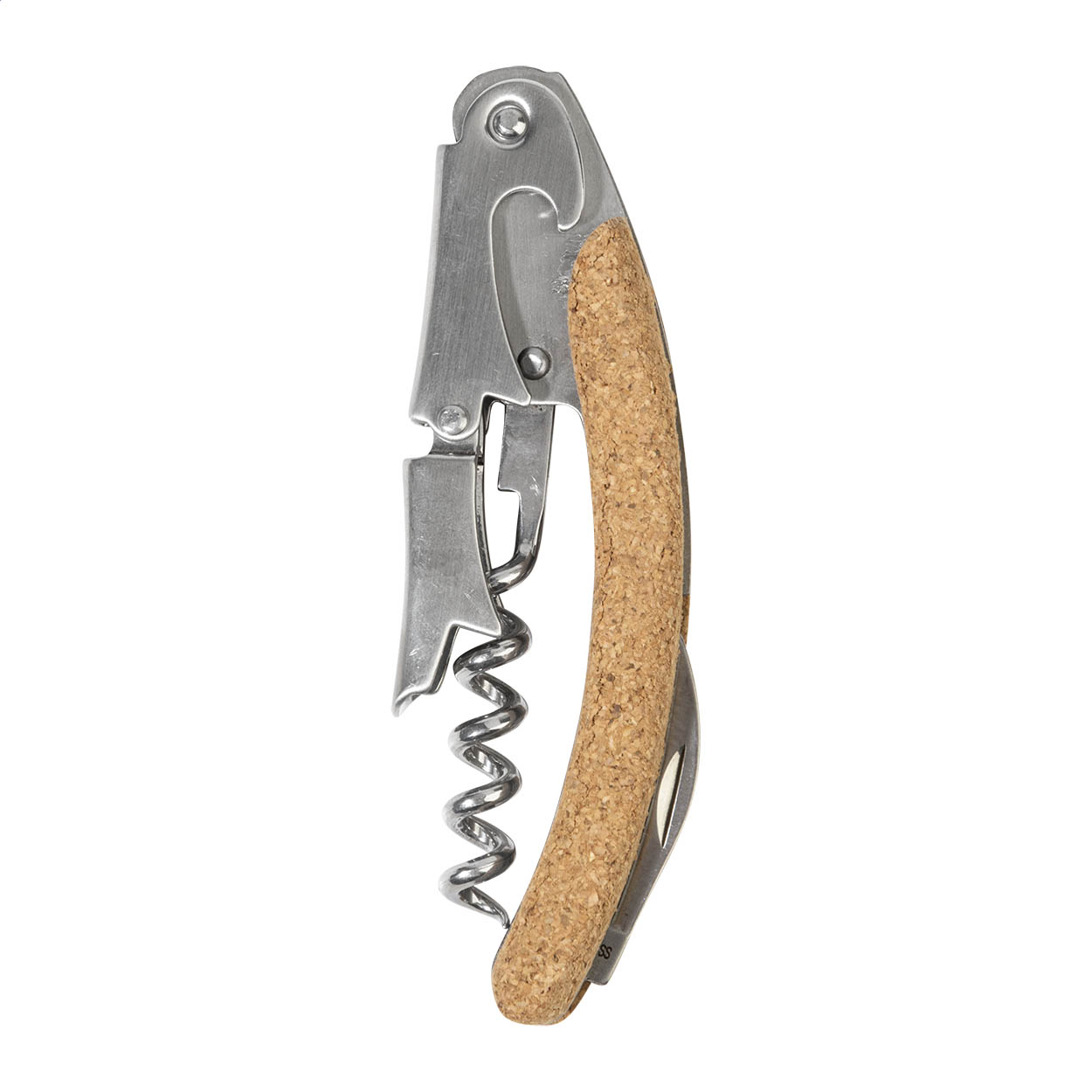 Maderia stainless steel bottle opener and corkscrew with cork handle printed with logo