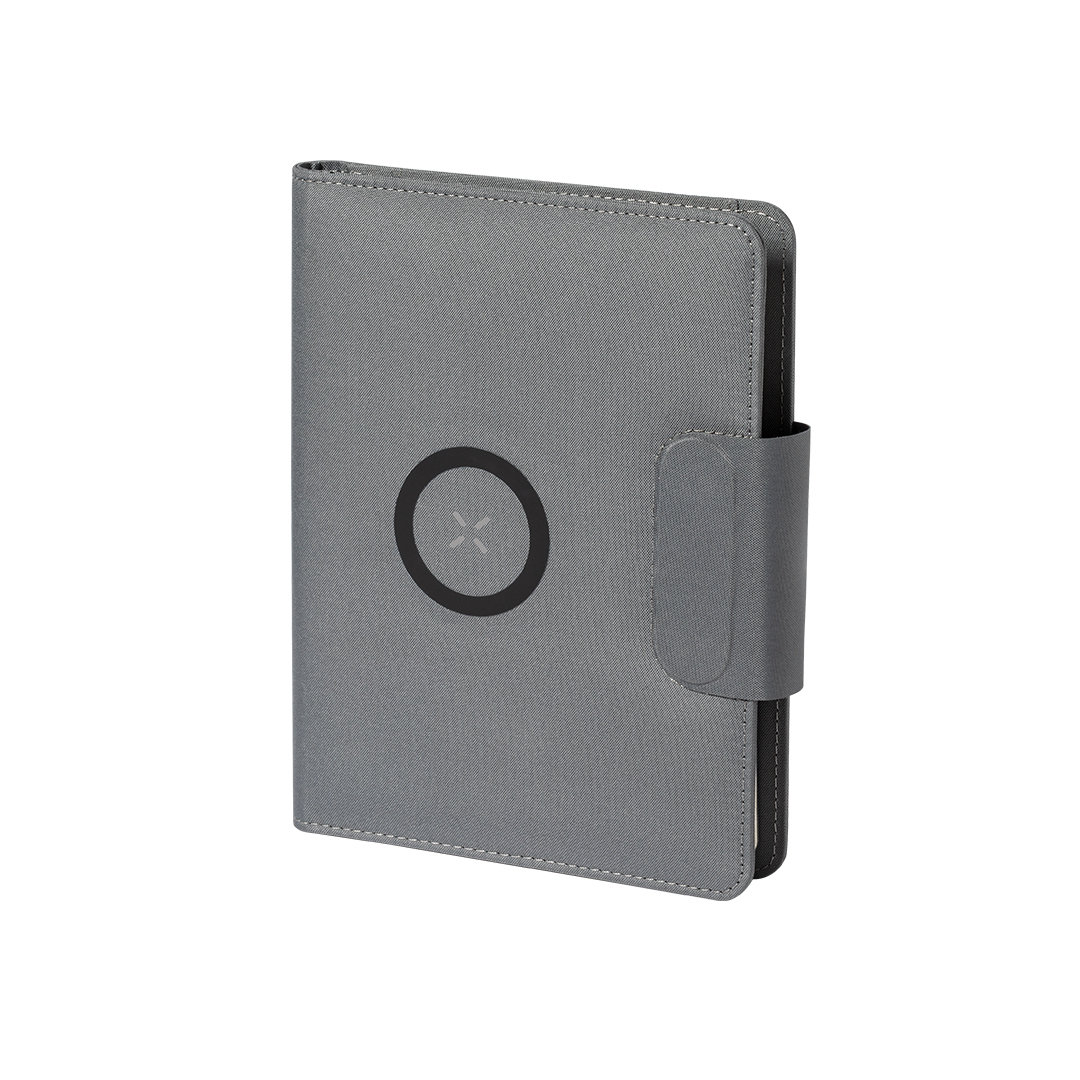 A versatile folder made from RPET polyester that incorporates a 10W wireless charger and a 5000mAh power bank - Woodstock