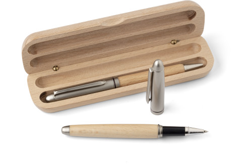 Beechwood and Metal Writing Set with Ballpen and Rollerball Pen - Pitton
