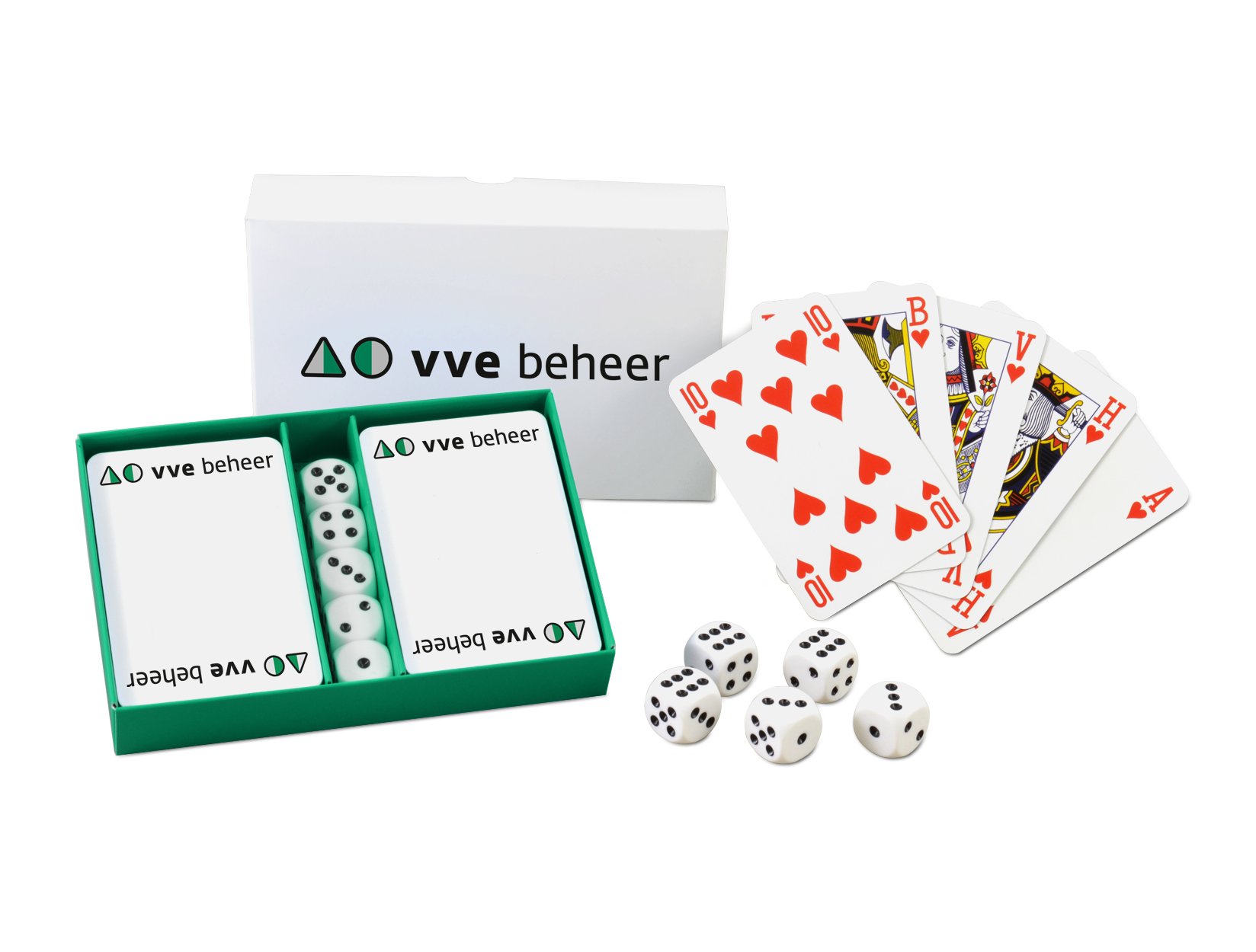 Set of 2 playing cards and 5 dice in a customizable box - JCA09