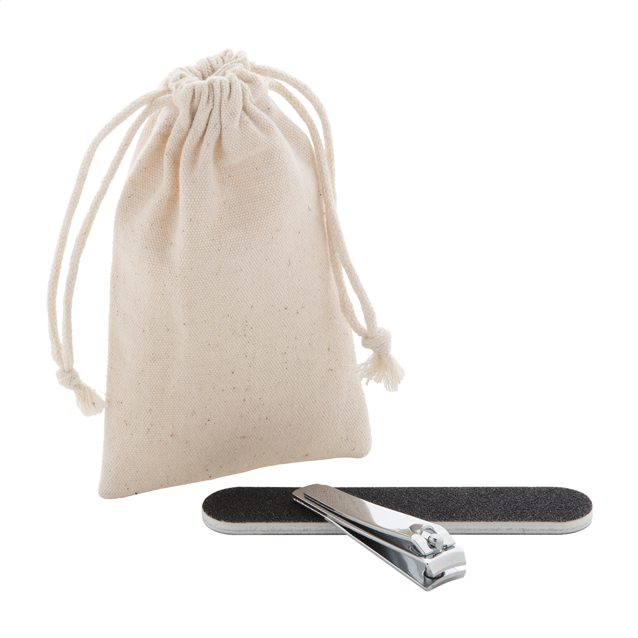 Minail manicure set with nail file and clippers in cotton pouch, logo