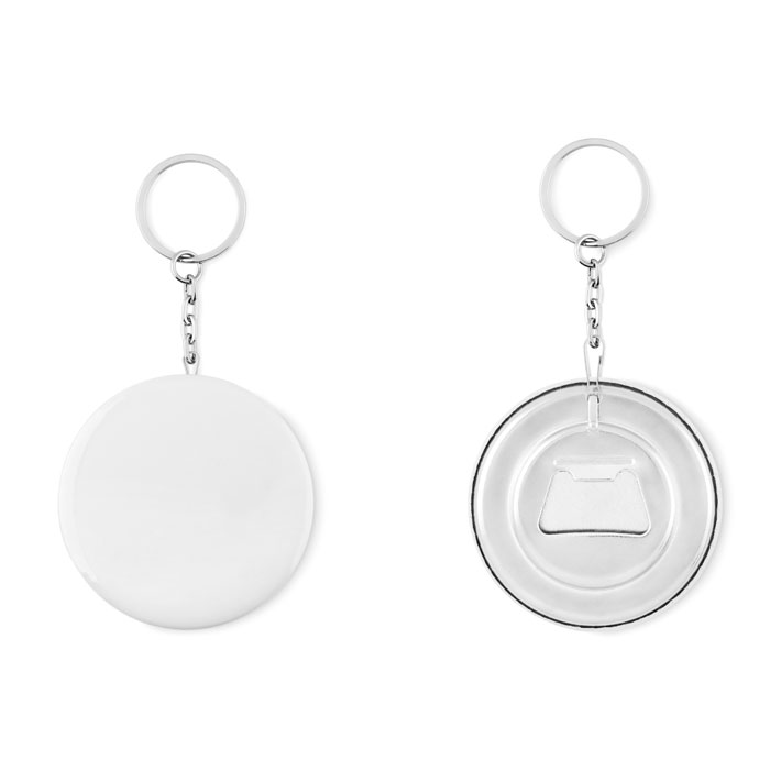 A multi-purpose tool that serves as a key ring, pin, button, and bottle opener - Penzance