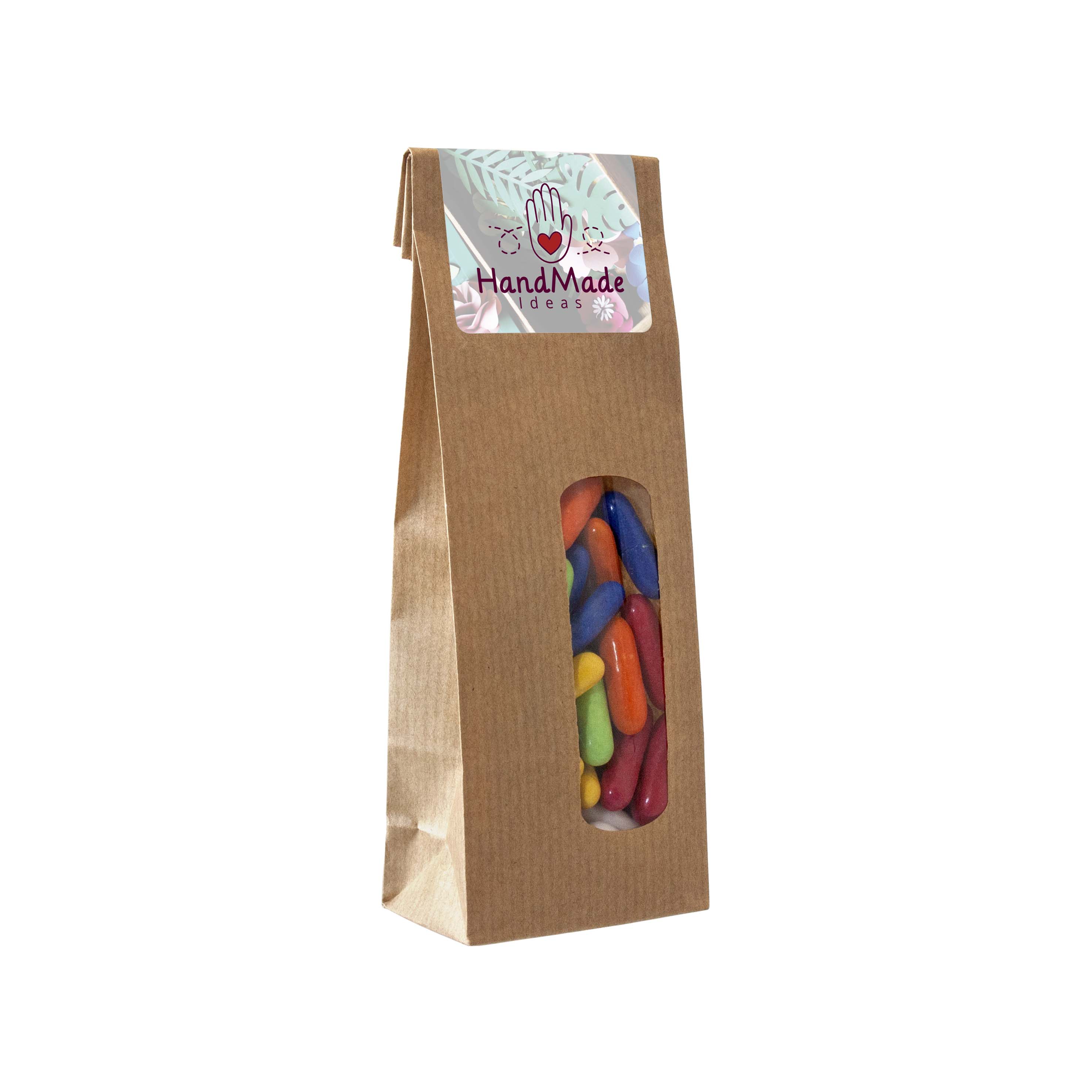 A brown paper bag featuring a full-colour printed sticker and containing A-filling - Marshfield