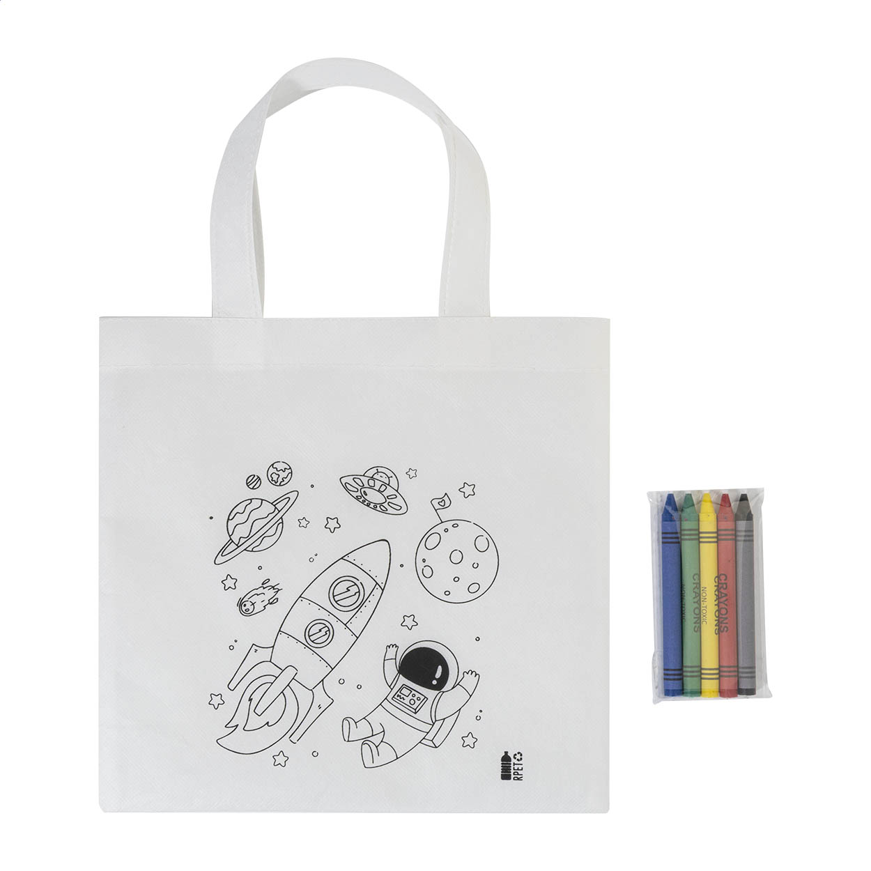 Spacolo RPET colouring mini shopping bag with 5 crayons and logo