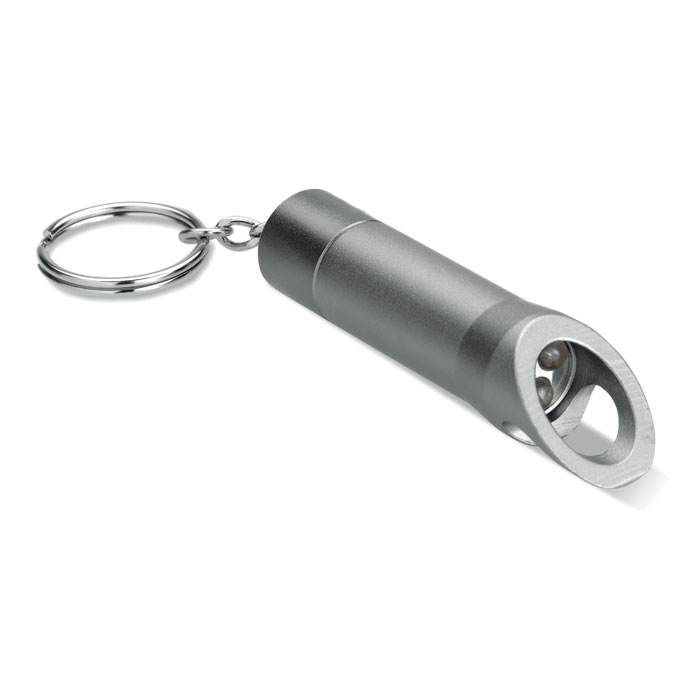 A keyring that features a metal LED flashlight and a bottle opener, brought to you by Little Snoring. - Kingsclere
