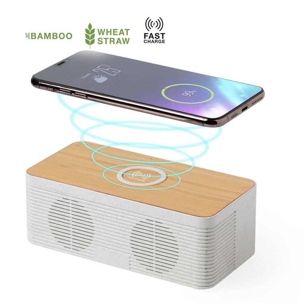 Wireless charger made of environment-friendly bamboo material that also includes Bluetooth capabilities. - Halton