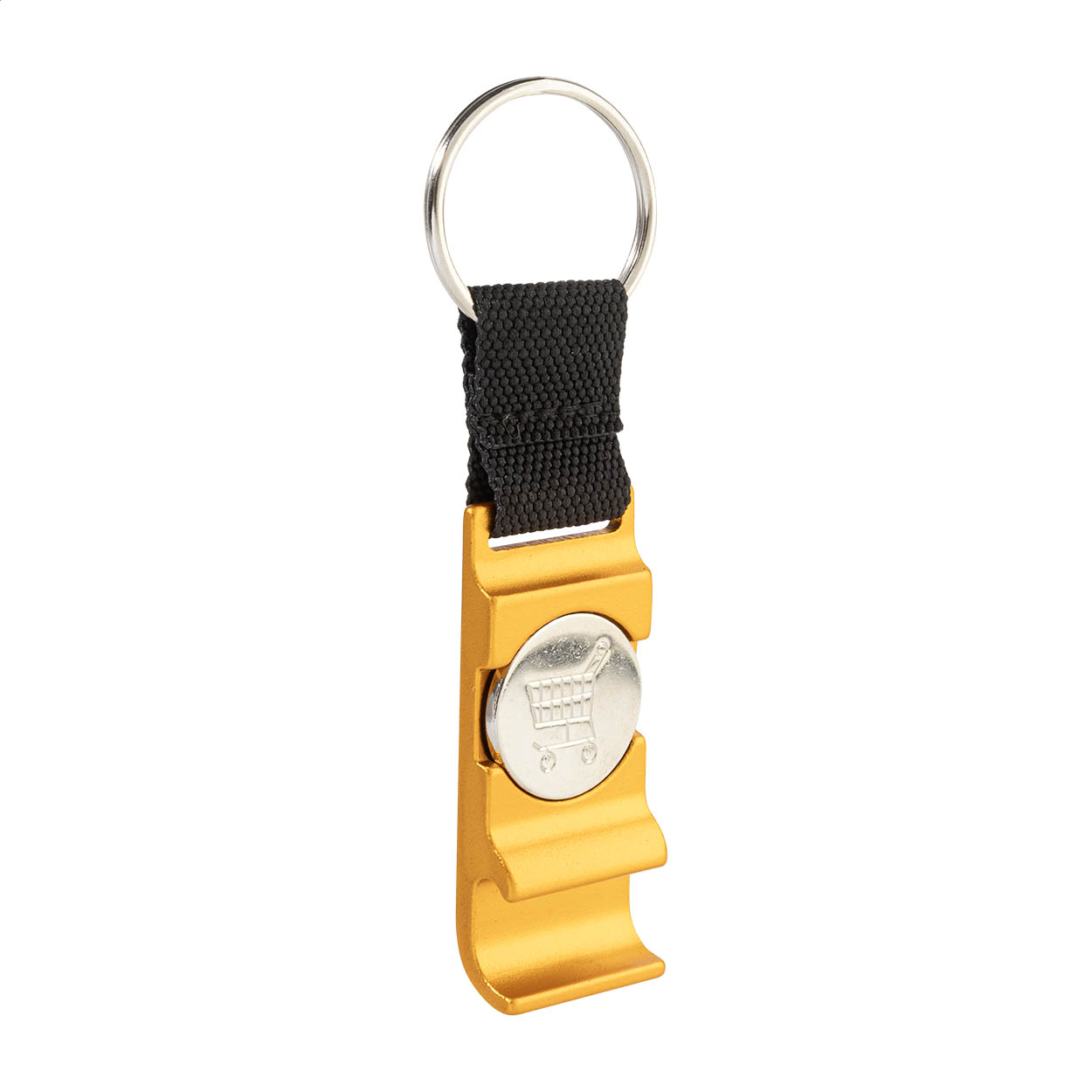 OpenCart recycled aluminium bottle opener keyring with trolley coin