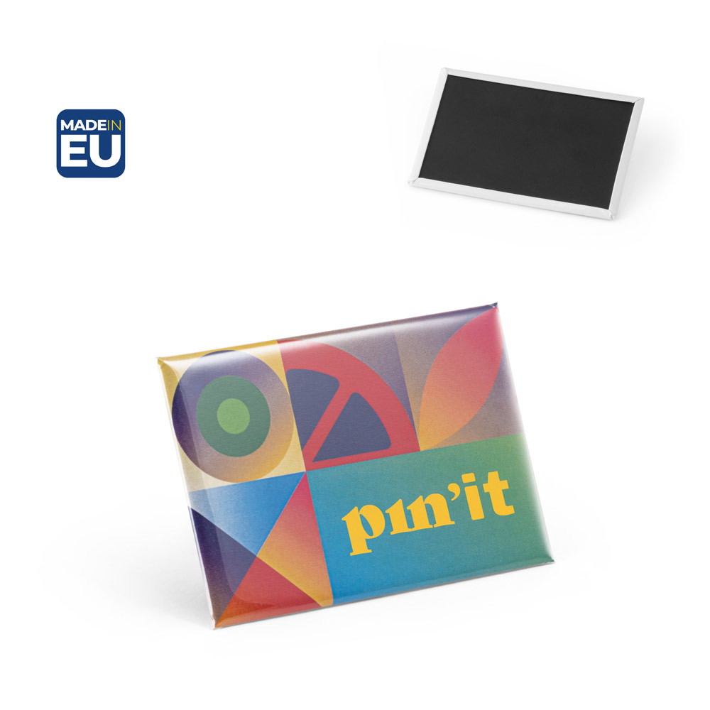 Button P'IN 15 rectangular magnetic badge, personalised with logo, 80 × 53 mm