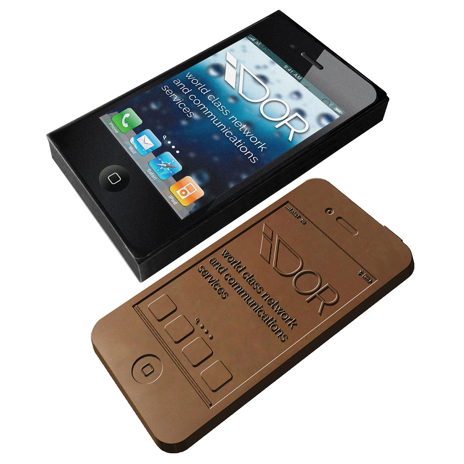 A smartphone made of chocolate, packaged in a box that is printed in full color - Falkland