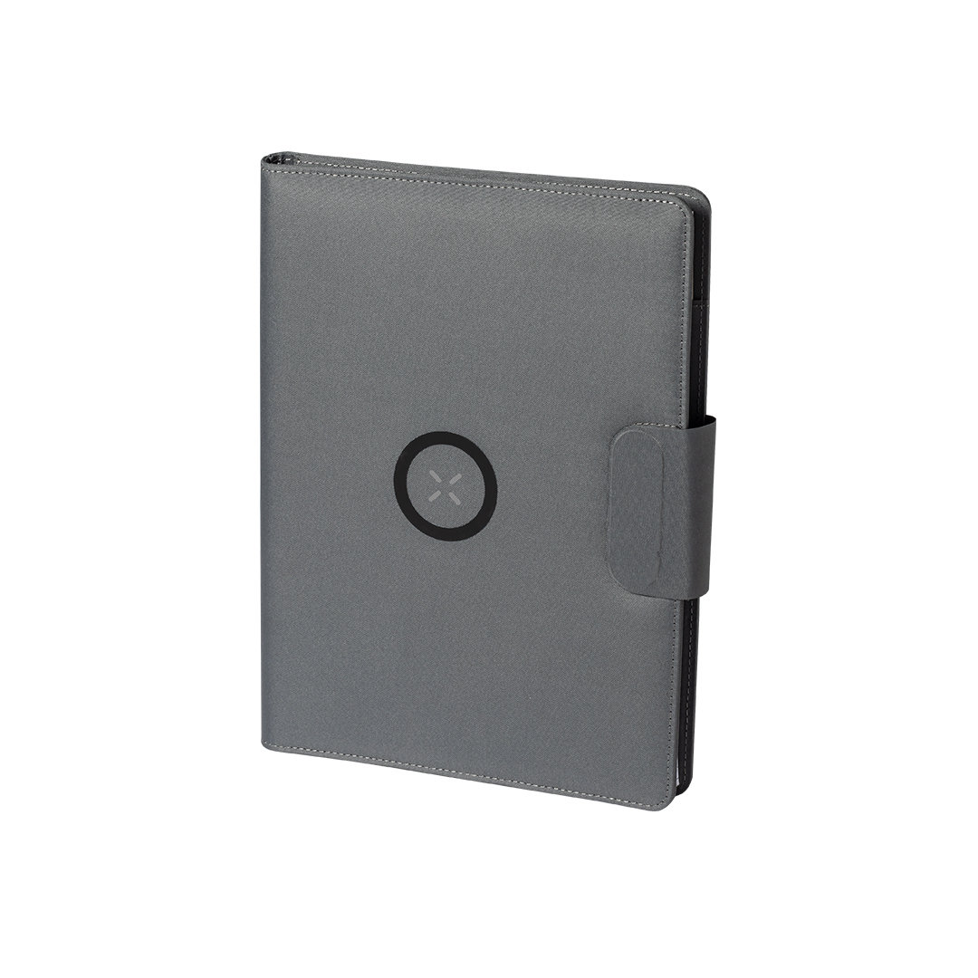 This is a multifunctional folder or notepad made from RPET polyester. Apart from its primary use, it also comes with an integrated 10W wireless charger. Additionally, it contains a 5000mAh battery indicating a reasonably good battery life. - Church Gresley