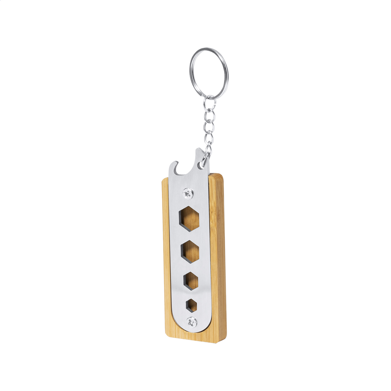 Farina Multitool-Schlüsselanhänger aus Bambus und Edelstahl mit Logo