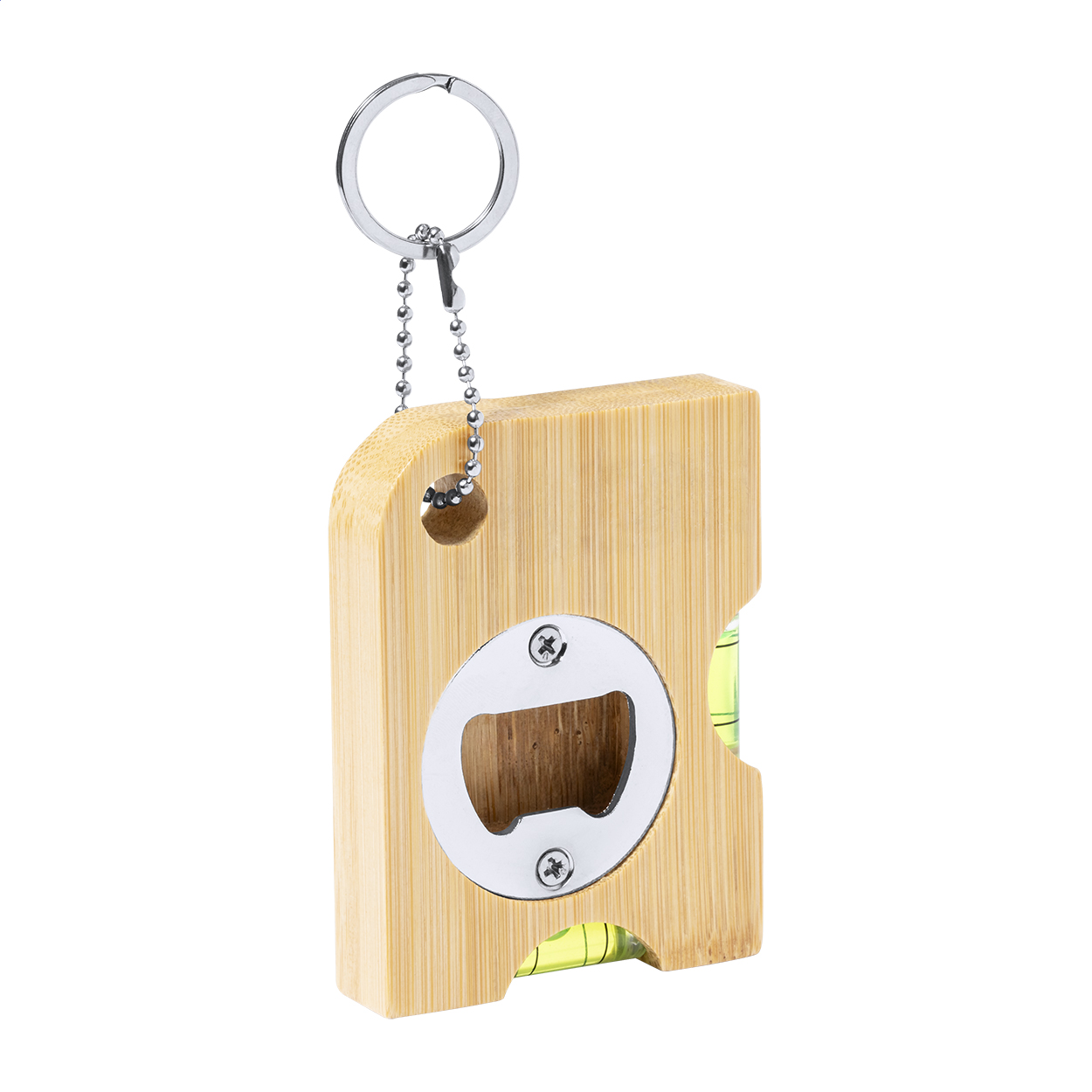 Mackie bamboo multifunctional keyring with bottle opener and levels printed with logo
