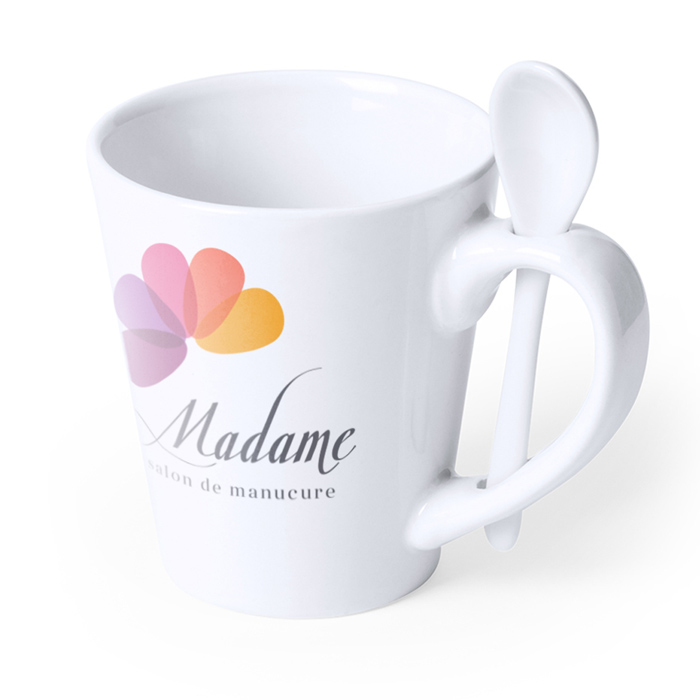 White Ceramic Mug with Built-in Spoon - Loch Lomond