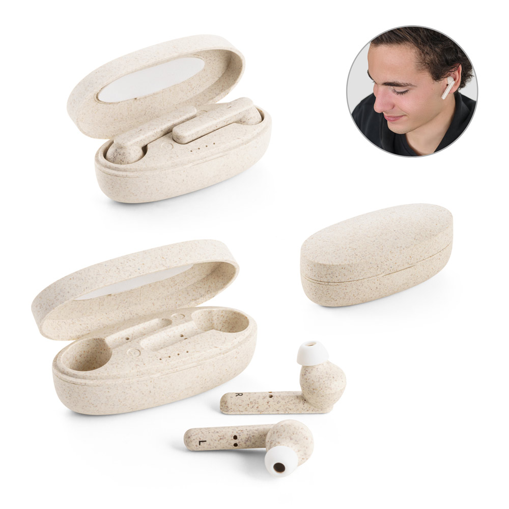 Bluetooth-Ohrhörer aus Weizenstroh - Obertrum am See bedrucken mit Logo