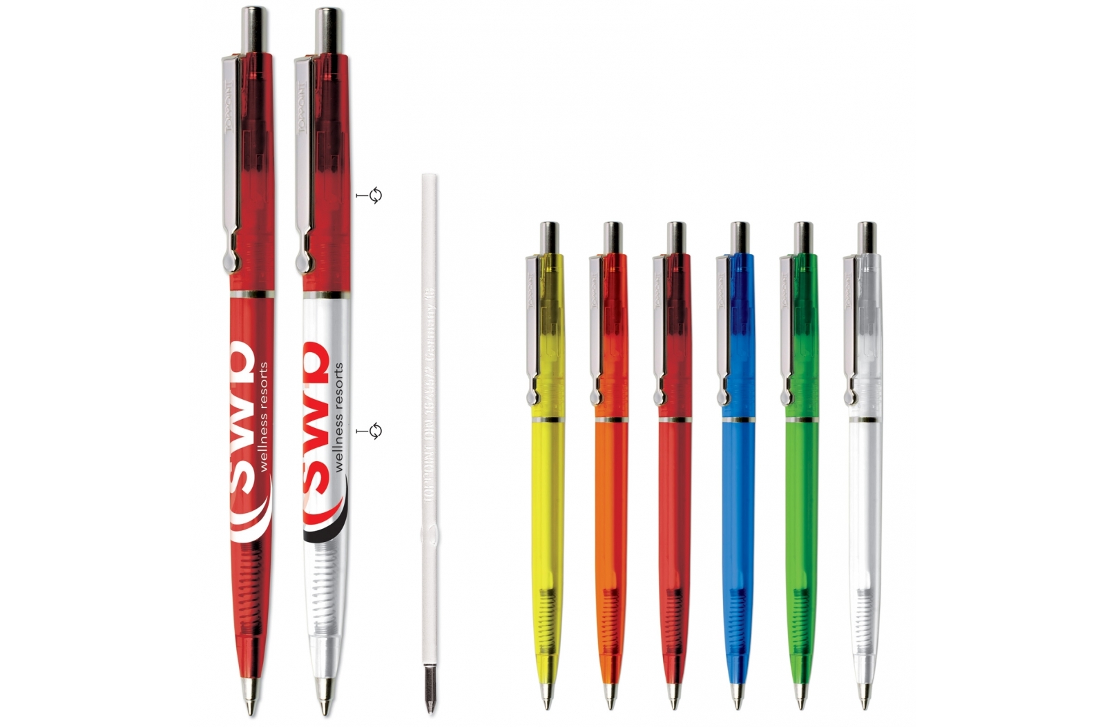 A transparent ballpoint pen with metal components that can be customized - Halstead
