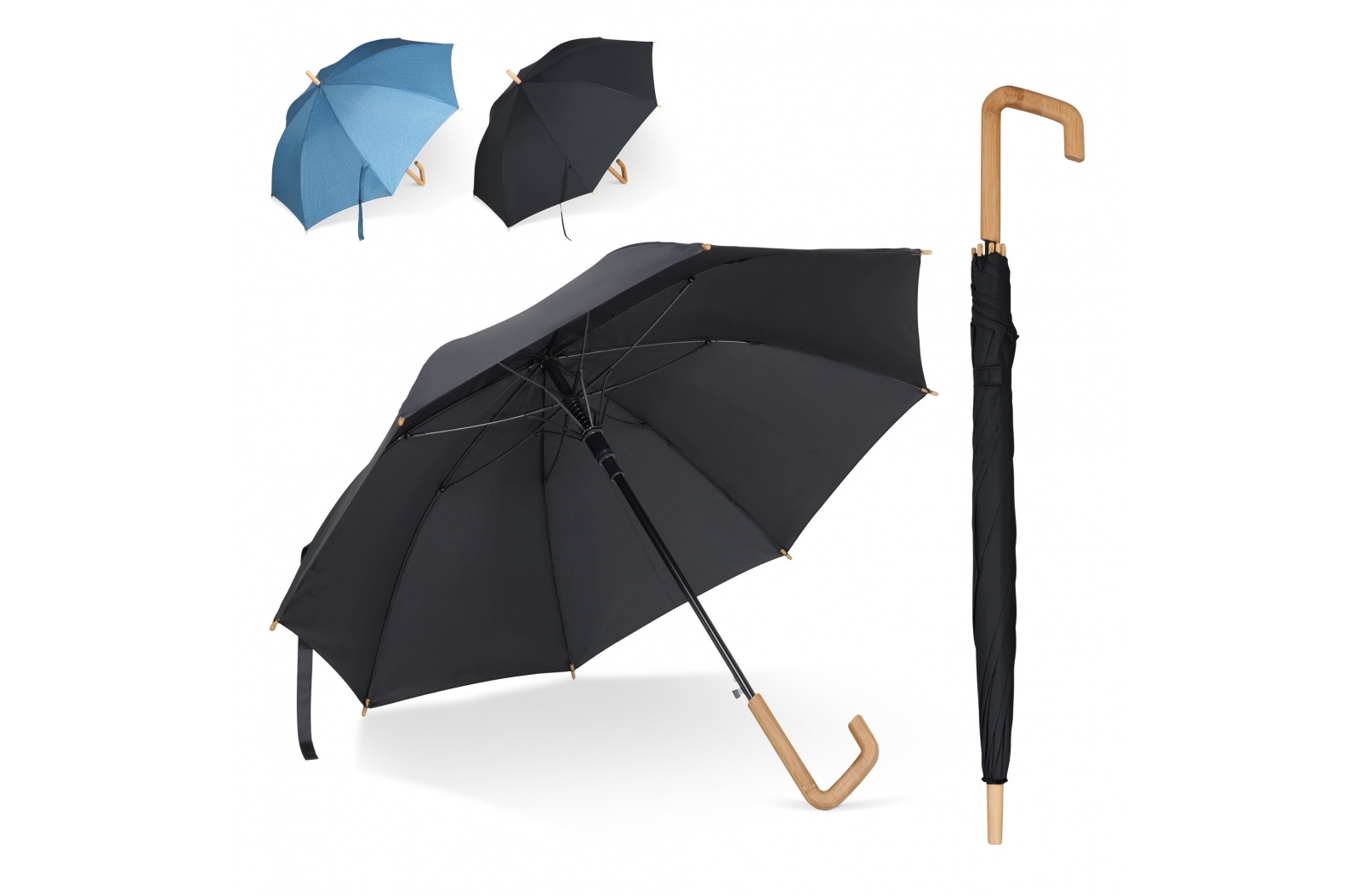 R-PET Stormproof Stick Umbrella with Wooden Hook Handle and Bamboo Tips - Southsea