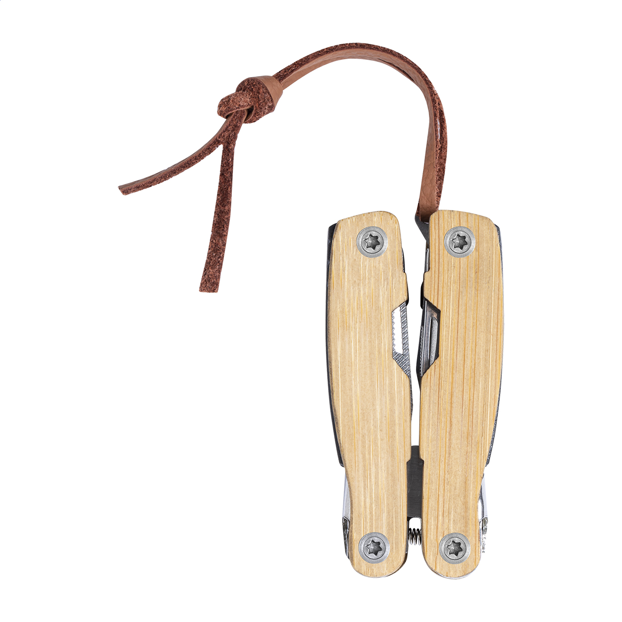 Hakim stainless steel multi tool, bamboo handles, 12 functions, with logo