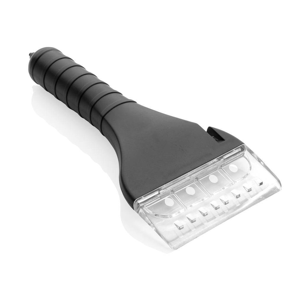 A multifunctional ice scraper that comes with a COB light, a safety belt cutter, and a window hammer. - Audlem