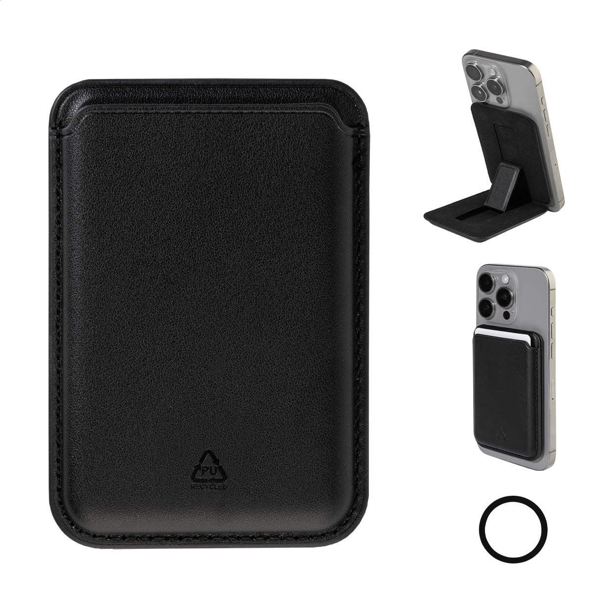Snaplet Plus magnetic recycled PU card holder with logo and phone stand printed with logo