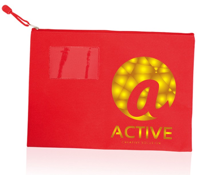 A document bag made of polyester material that features a zippered closure and includes a PVC identifier to mark the bag for easy recognition. - Woking