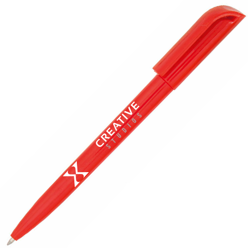 A ball pen with a twist mechanism and a bright solid color, including a flat clip - Long Eaton