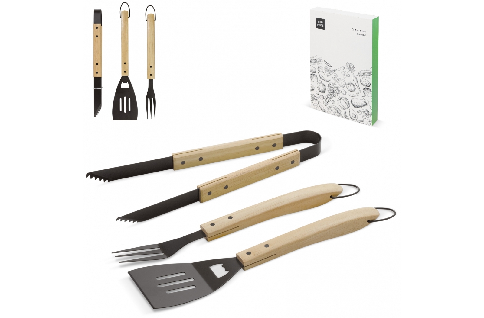 Three-Piece Metal Barbecue Tool Set with Wooden Handles - Yardley Wood