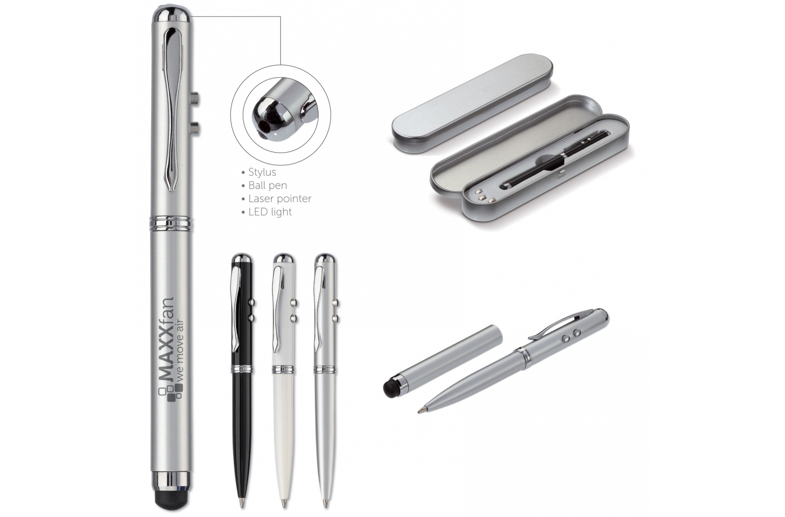 This is a 4-in-1 metal ball pen that comes with a laser pointer, stylus and LED light. - Ilton