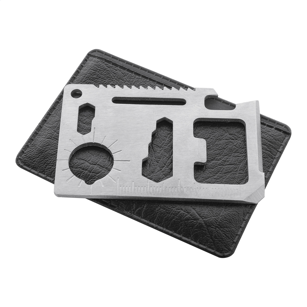 Gyver stainless steel credit card multi tool with 11 functions and logo