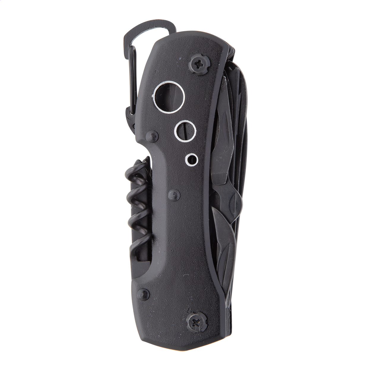 Galloway all-black multifunctional pocket knife with logo, 13 functions printed with logo