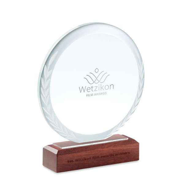 Round Crystal Award with Beech Wooden Base - Rottingdean